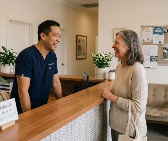 A smiling man in a blue shirt engages with a woman at a reception desk in a welcoming office environment.