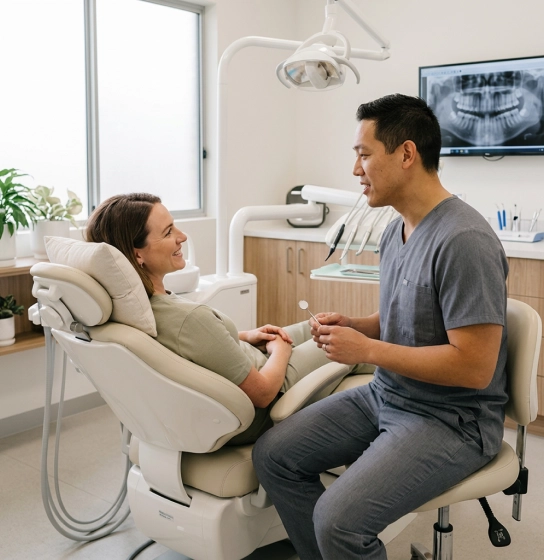 Dentist and patient smiling during a consultation in a modern dental office with equipment and an X-ray display.