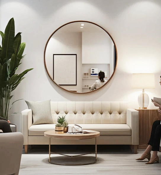 Murraylands Dental clinic lobby with a modern sofa, round mirror, plants, coffee table, and warm lighting.