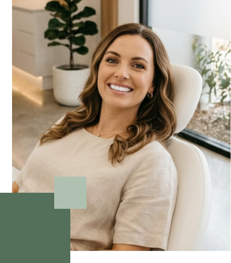 Smiling woman sitting in a dental chair, with a plant and natural light in the background.